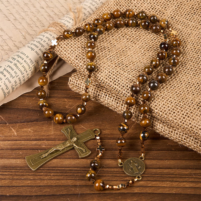 St. Benedict Medal & Crucifix of 8 mm Round Brown Tiger's Eye Alloy Chain Rosary