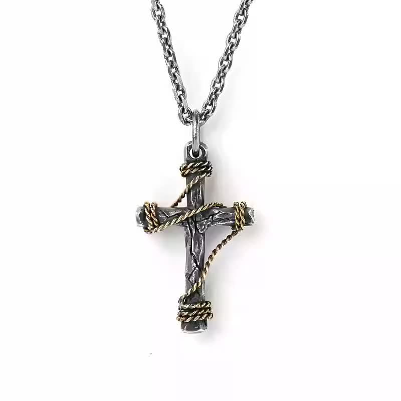 Exquisite 925 Sterling Silver and Brass Rope Forged Cross Necklace
