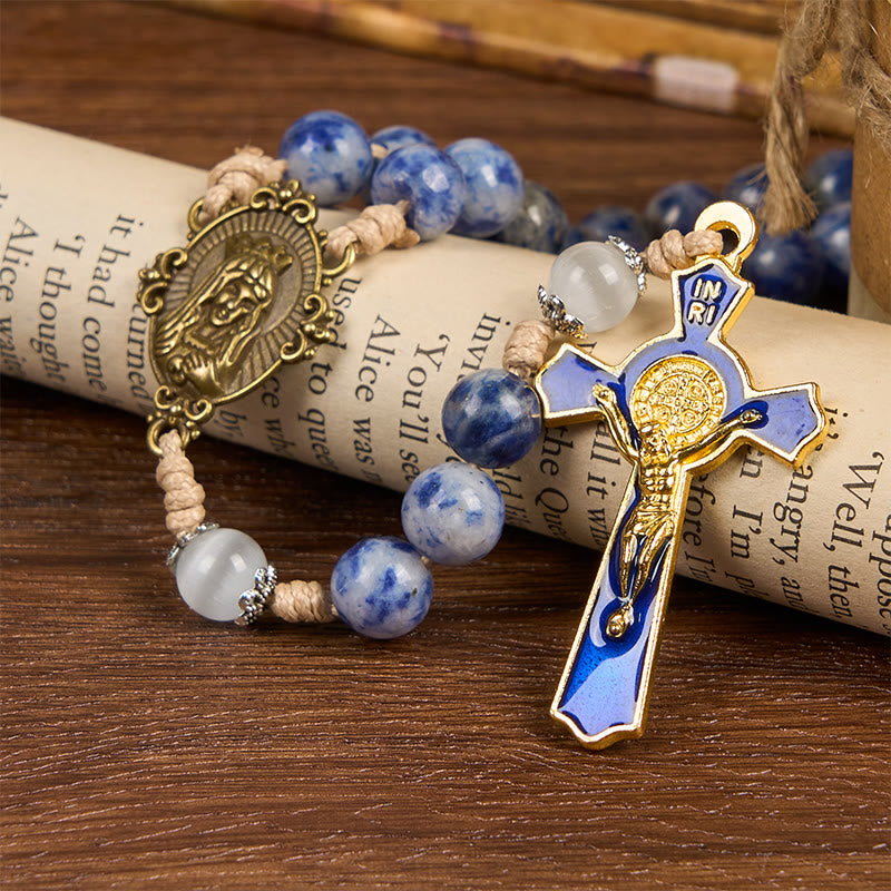 PRAYERFUL FAITH: Round Blue Stone Nylon Cord Rosary with Gift Card