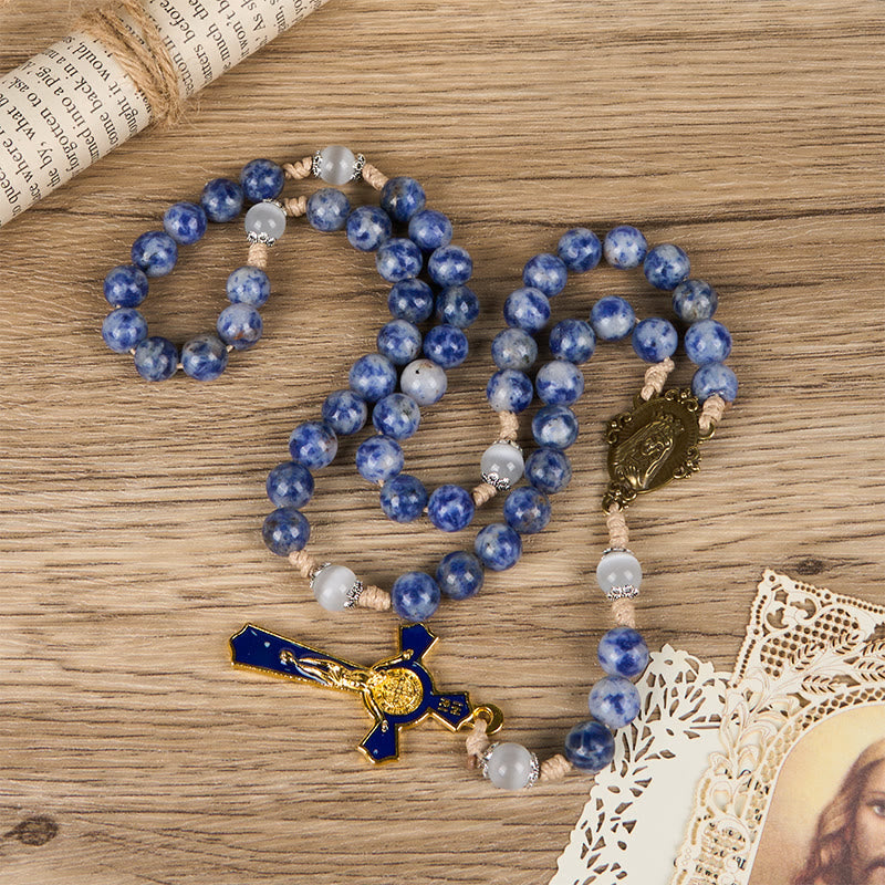 PRAYERFUL FAITH: Round Blue Stone Nylon Cord Rosary with Gift Card