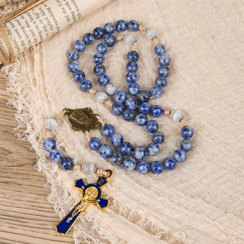 PRAYERFUL FAITH: Round Blue Stone Nylon Cord Rosary with Gift Card