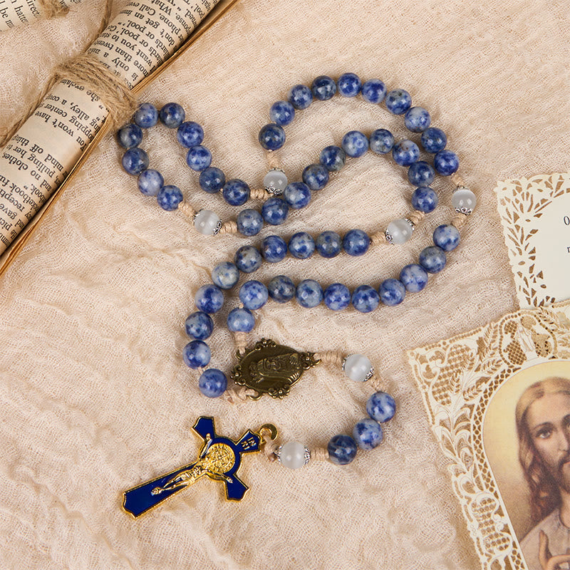 PRAYERFUL FAITH: Round Blue Stone Nylon Cord Rosary with Gift Card
