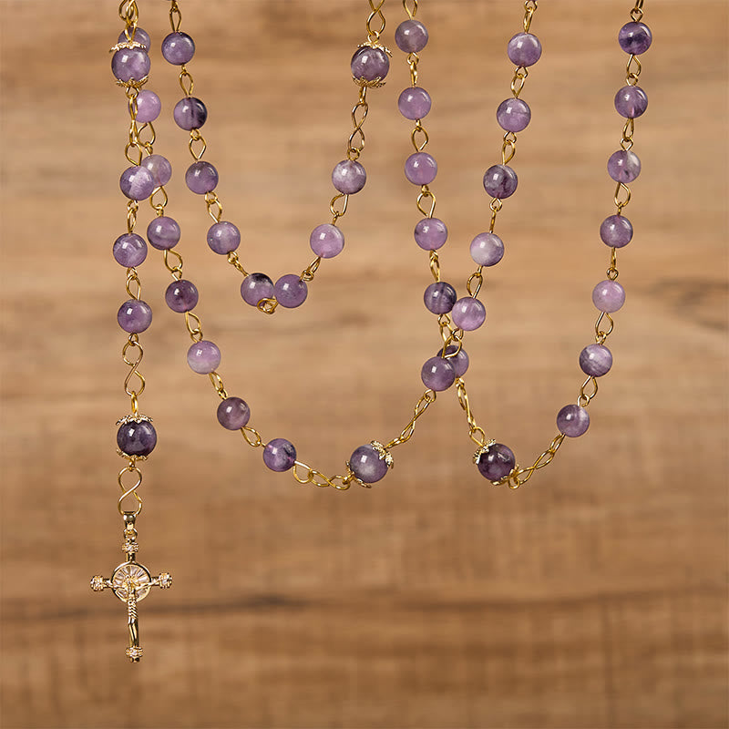 Our Lady of Guadalupe & Crucifix of 8mm Round Purple Crystal Rosary