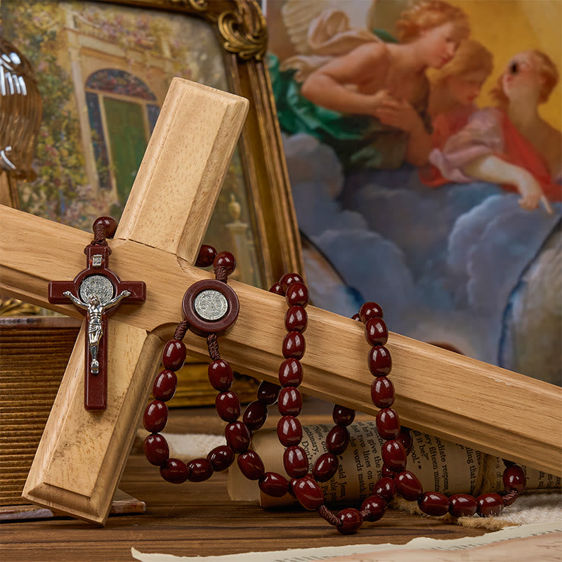 St. Benedict & Crucifix of 8*10mm Oval Bead Rosary - Three Timeless Colors