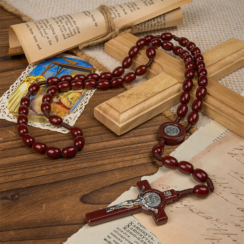 St. Benedict & Crucifix of 8*10mm Oval Bead Rosary - Three Timeless Colors
