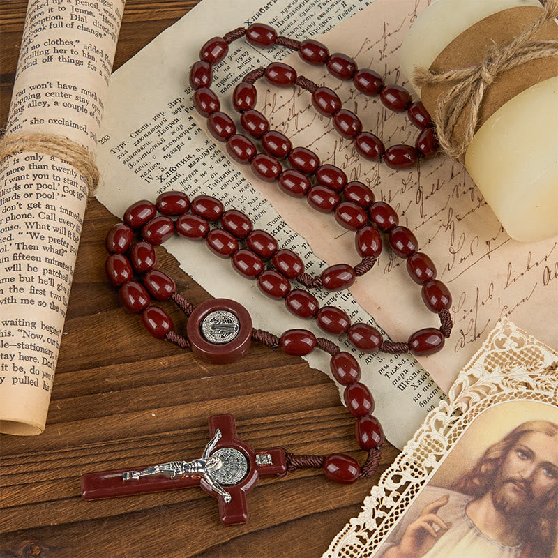St. Benedict & Crucifix of 8*10mm Oval Bead Rosary - Three Timeless Colors