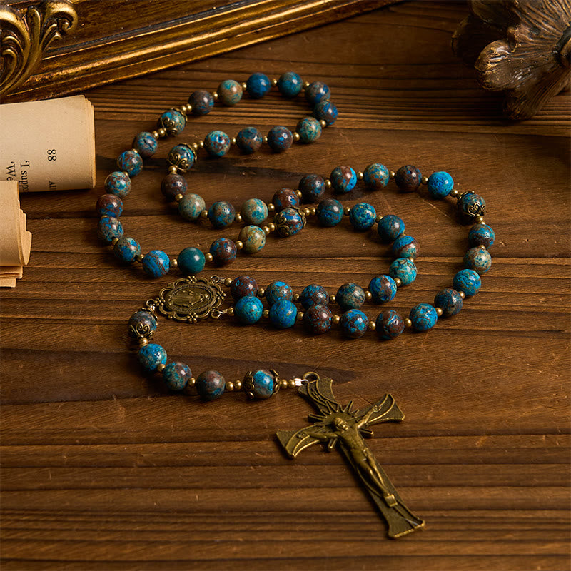 Blue Pattern Beads Handmade Rosary: Miraculous Medal & Crucifix of 8mm Authentic Larimar Stone