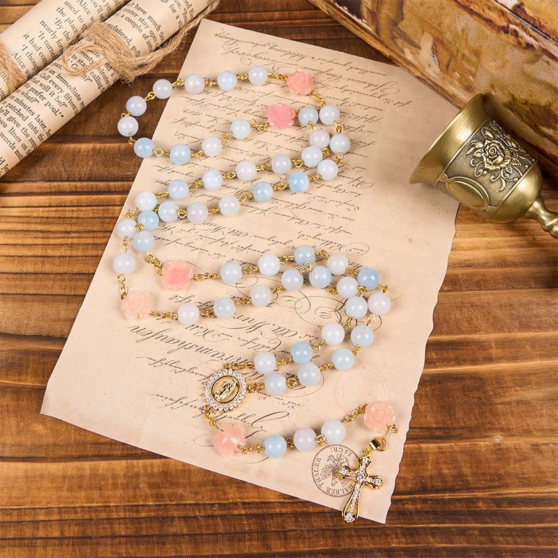 Our Lady of Guadalupe & Crucifix of 8mm Handmade Blue Aquamarine Chalcedony Beads Rosary