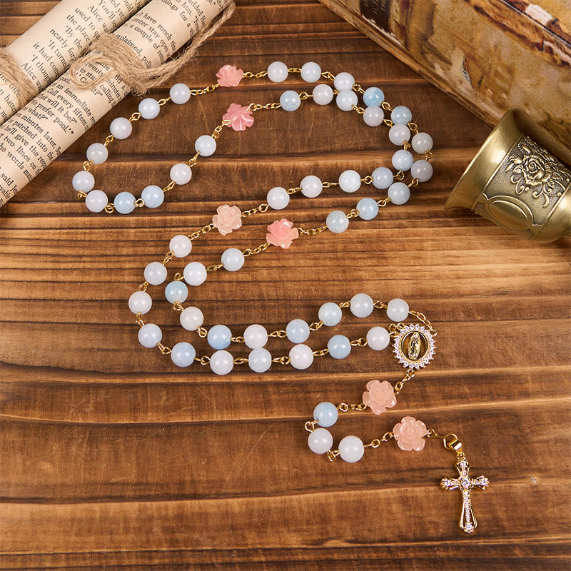 Our Lady of Guadalupe & Crucifix of 8mm Handmade Blue Aquamarine Chalcedony Beads Rosary