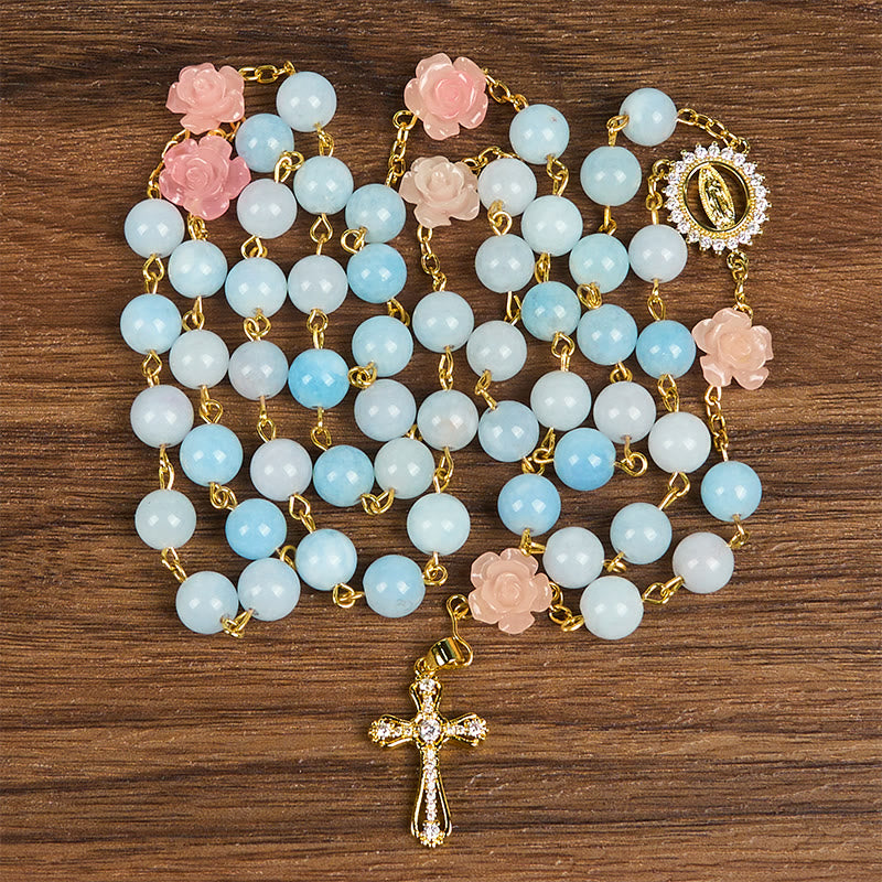 Our Lady of Guadalupe & Crucifix of 8mm Handmade Blue Aquamarine Chalcedony Beads Rosary