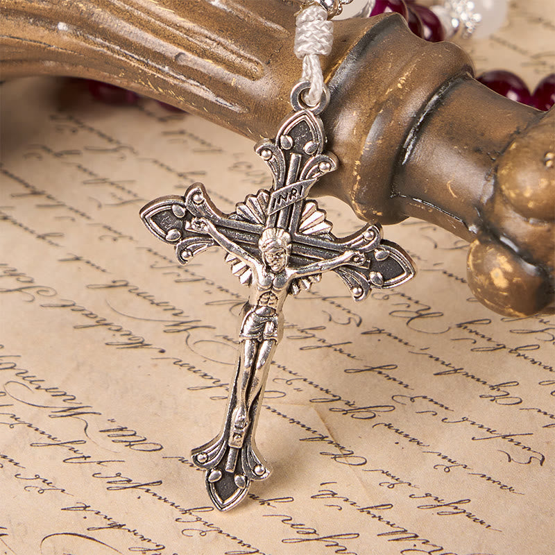 Divine Mercy & Crucifix of 8mm Garnet Chalcedony Rosary - Handmade Divine Beads