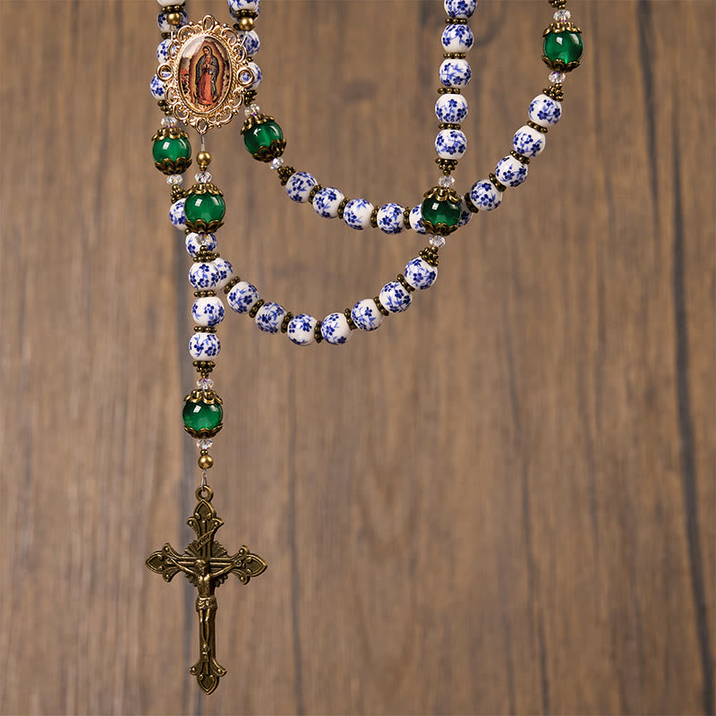Divine Serenity Handmade Floral Rosary: Our Lady of Guadalupe & Crucifix of 8mm Ceramics&Jade