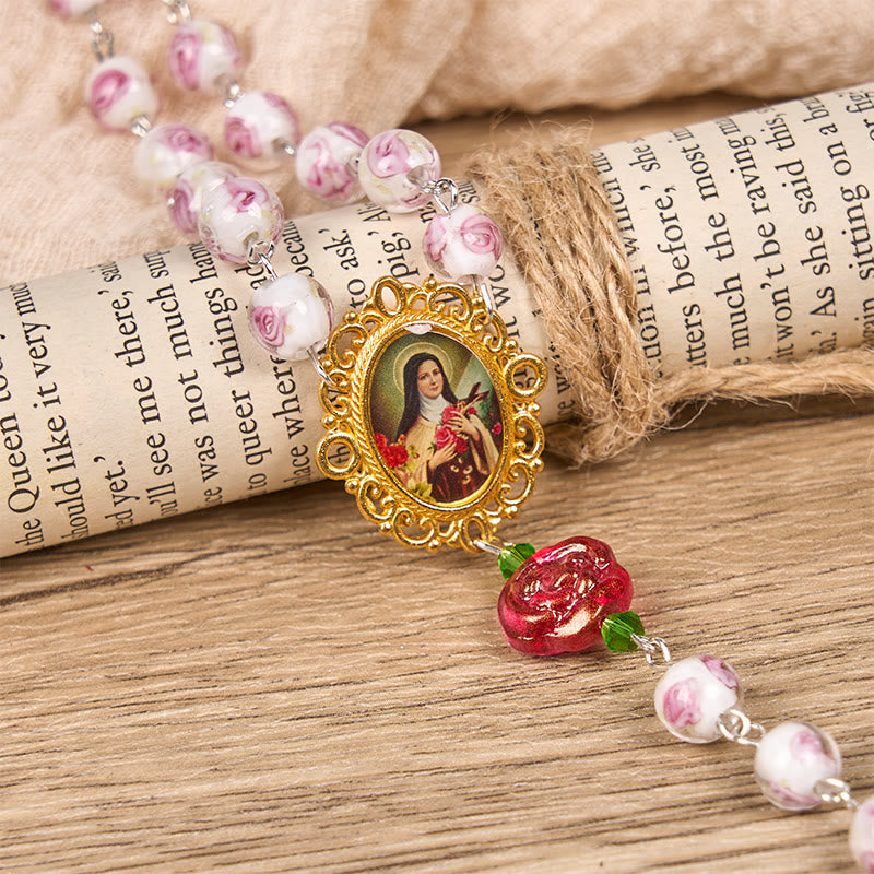 St. Therese Medal & Crucifix of 8mm Rose & Ivory Floral Elegance Rosary—Embrace the Grace and Beauty of Faith