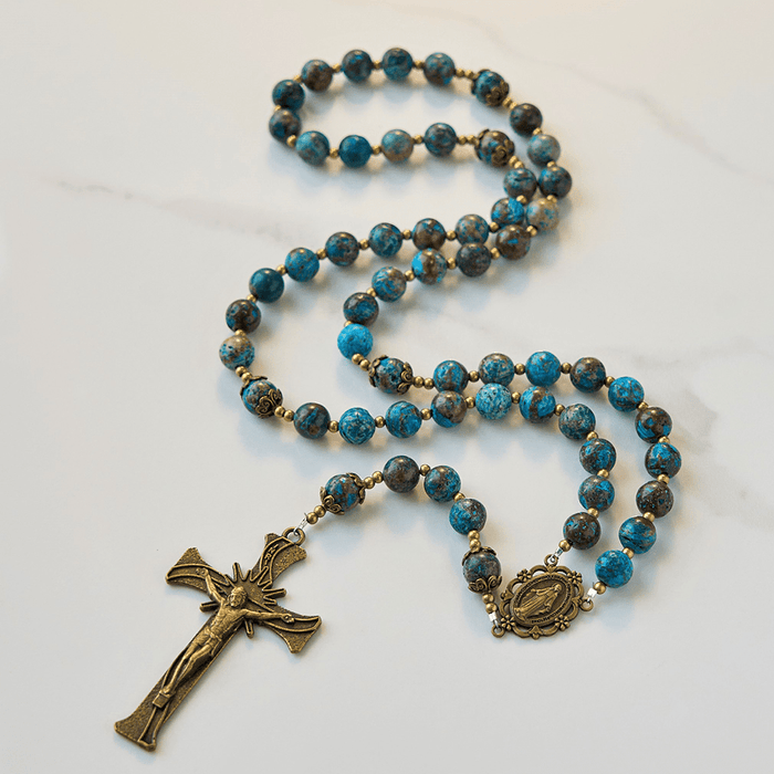Blue Pattern Beads Handmade Rosary: Miraculous Medal & Crucifix of 8mm Authentic Larimar Stone