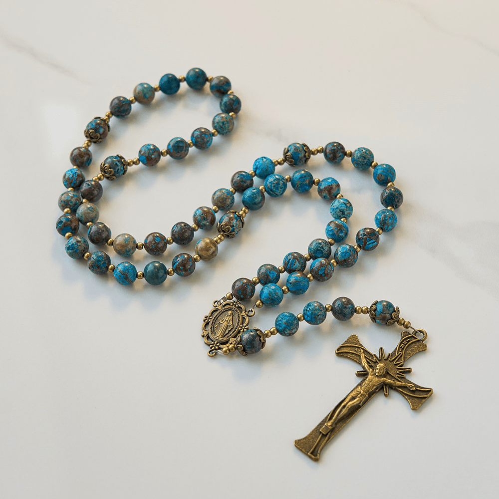 Blue Pattern Beads Handmade Rosary: Miraculous Medal & Crucifix of 8mm Authentic Larimar Stone