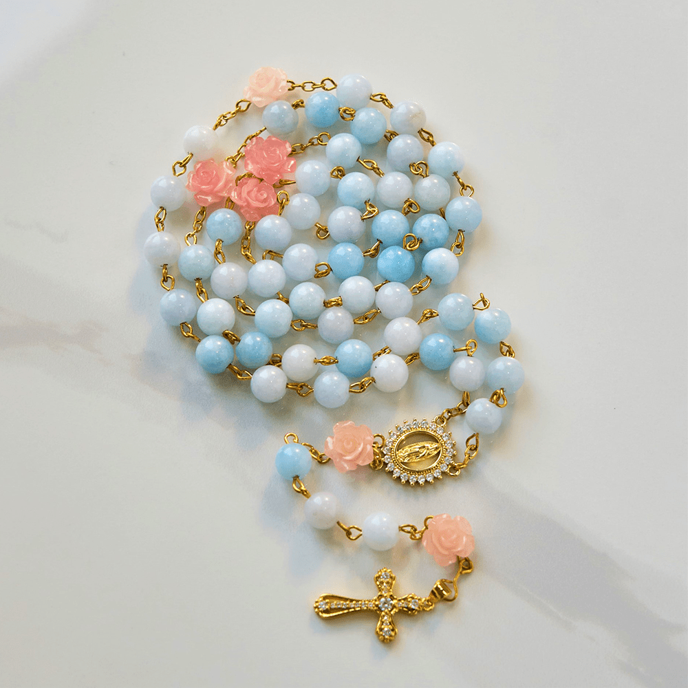 Our Lady of Guadalupe & Crucifix of 8mm Handmade Blue Aquamarine Chalcedony Beads Rosary