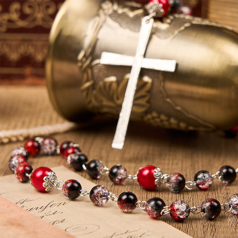 Holy Gail & Miraculous Medal of 8mm Black-red Glass Round Beads Rosary