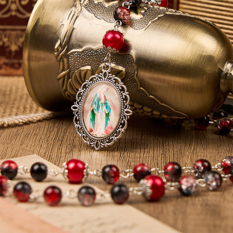 Holy Gail & Miraculous Medal of 8mm Black-red Glass Round Beads Rosary