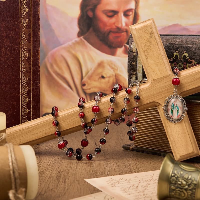 Holy Gail & Miraculous Medal of 8mm Black-red Glass Round Beads Rosary
