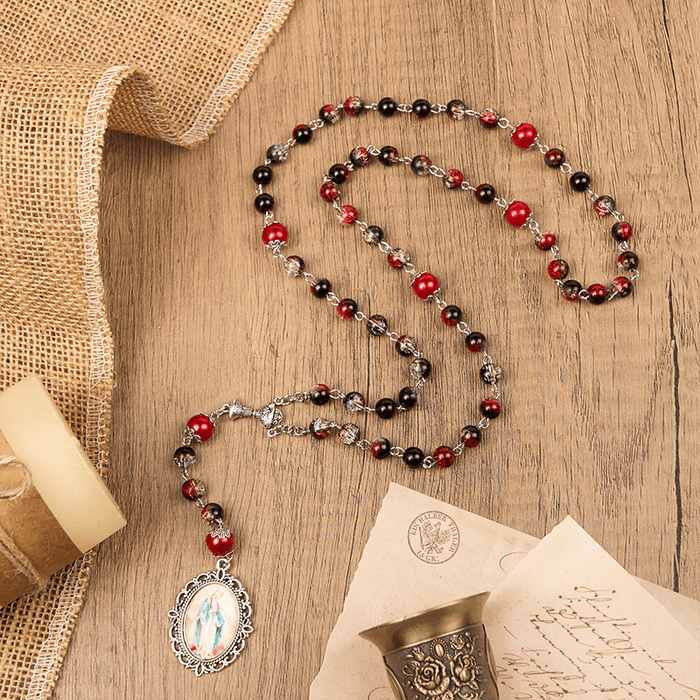 Holy Gail & Miraculous Medal of 8mm Black-red Glass Round Beads Rosary