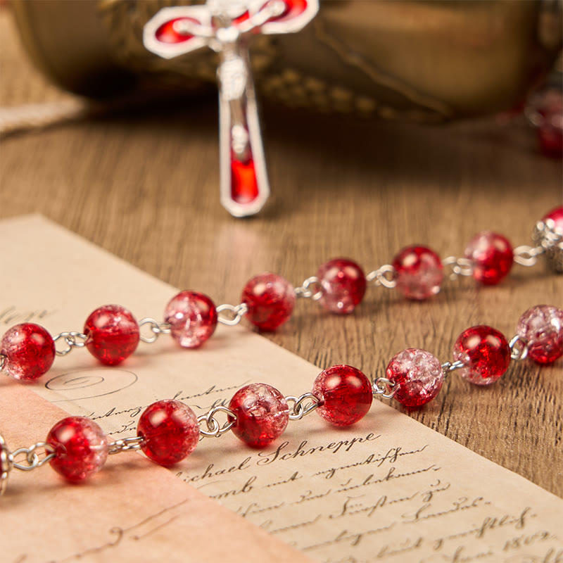 Virgin Marry & Crucifix of 8mm Red Glass Round Beads Rosary