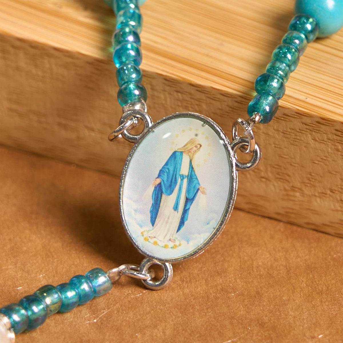 Our Lady Medal & Crucifix of 8mm Blue Turquoise Round Beads Rosary