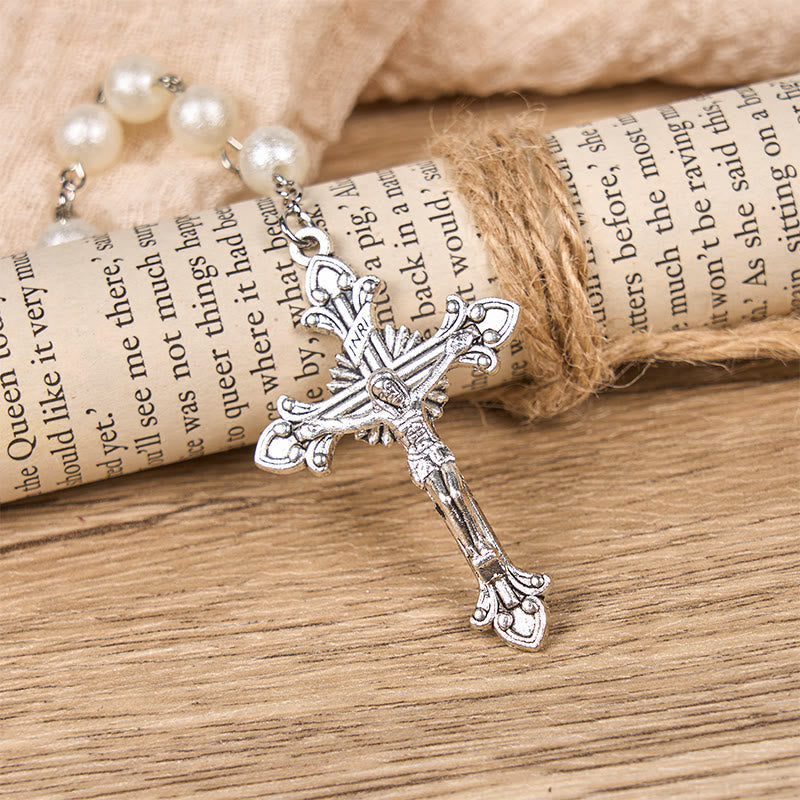 Our Lady Medal & Crucifix of 8mm White Acrylic Round Beads Rosary