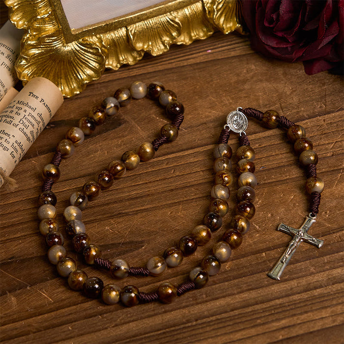 Our Lady Medal & Crucifix of 10mm Brown Acrylic Round Beads Divine Rosary