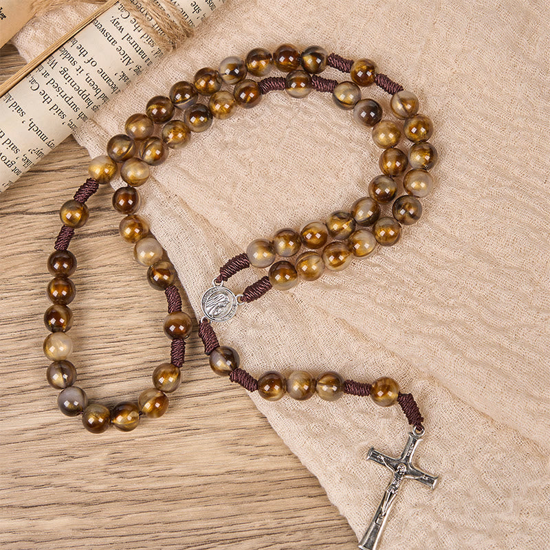 Our Lady Medal & Crucifix of 10mm Brown Acrylic Round Beads Divine Rosary