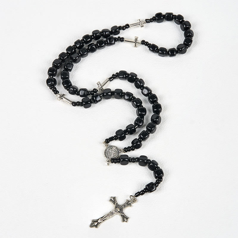 St. Benedict Medal & Crucifix of 8mm Black Wood Round Beads Rosary
