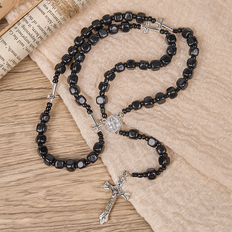 St. Benedict Medal & Crucifix of 8mm Black Wood Round Beads Rosary