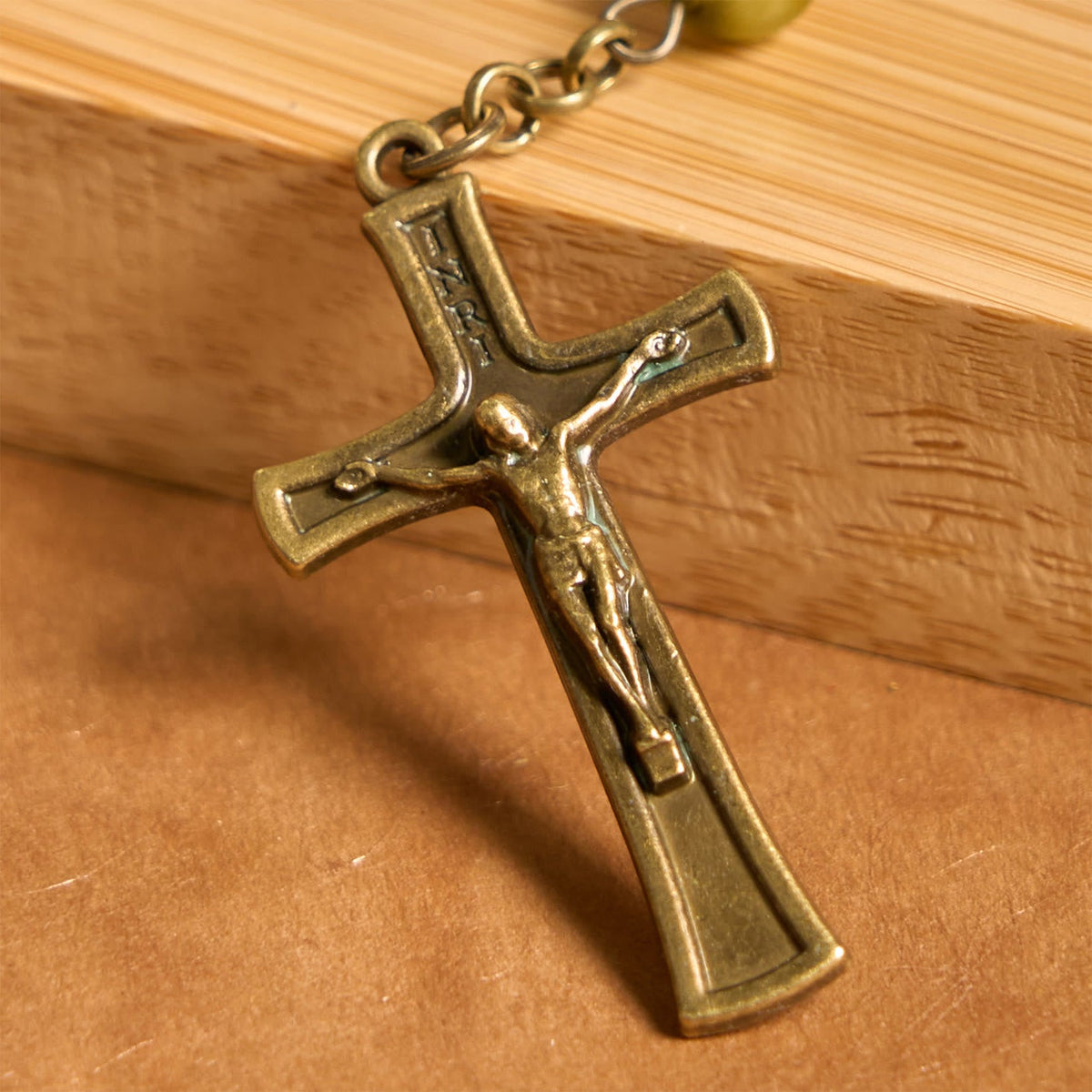 Holy Spirit & Crucifix of Special Vintage Metal Decade 8mm Yellow Green Beads Rosary