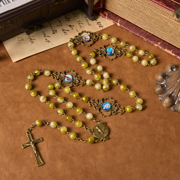 Holy Spirit & Crucifix of Special Vintage Metal Decade 8mm Yellow Green Beads Rosary