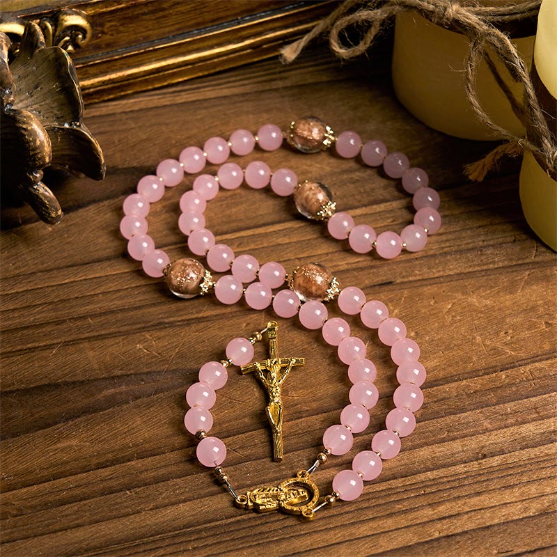 PRAYERFUL FAITH: Handmade Pink Chalcedony & Porcelain Golden Sand Beads Rosary