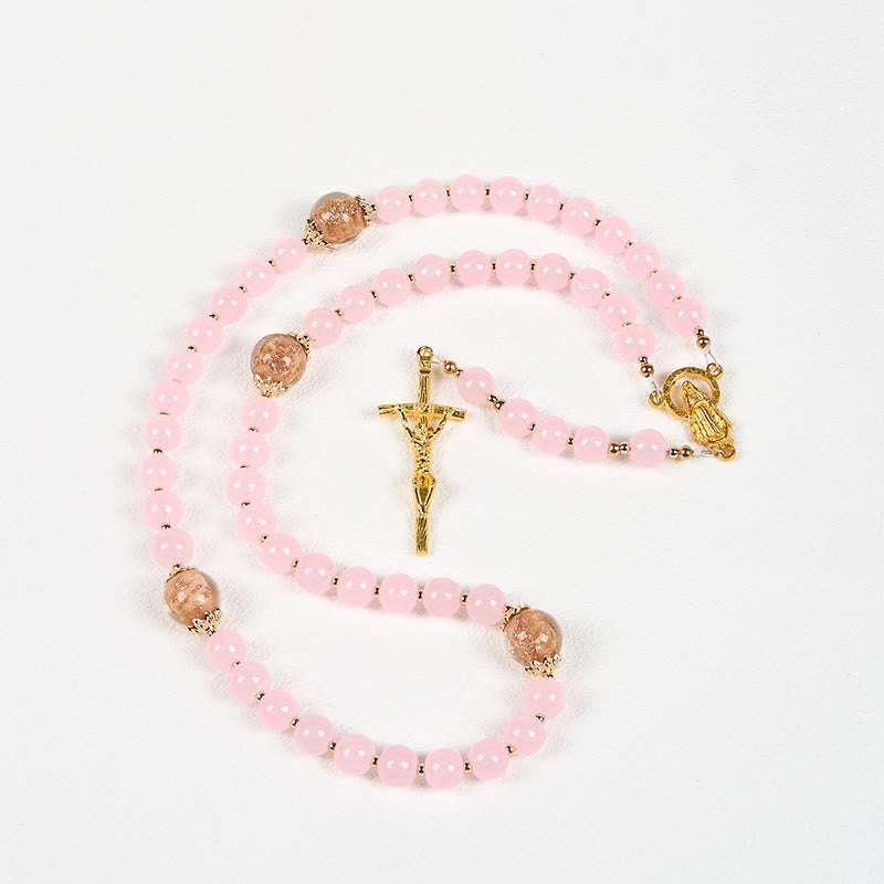 Handmade Pink Chalcedony & Porcelain Golden Sand Our Father Beads Prayer Rosary