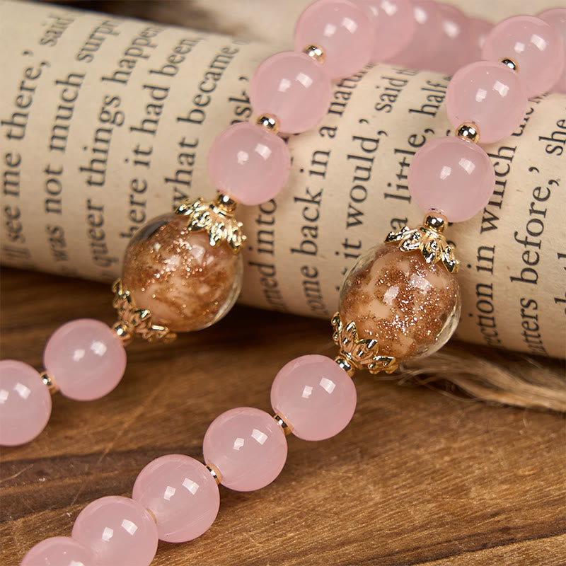 PRAYERFUL FAITH: Handmade Pink Chalcedony & Porcelain Golden Sand Beads Rosary