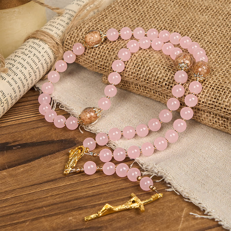 Handmade Pink Chalcedony & Porcelain Golden Sand Our Father Beads Prayer Rosary