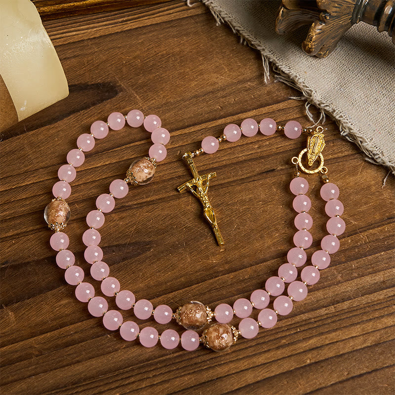 PRAYERFUL FAITH: Handmade Pink Chalcedony & Porcelain Golden Sand Beads Rosary