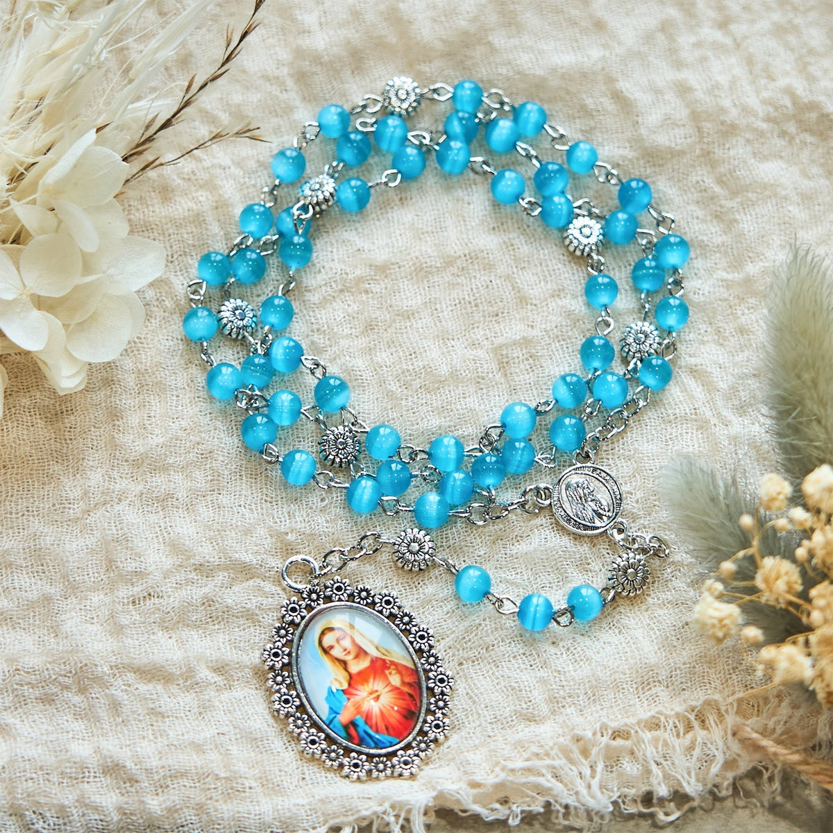 Immaculate Heart of Mary 6mm Glass Shiny Beads Lake Blue 7 Sorrows Rosary