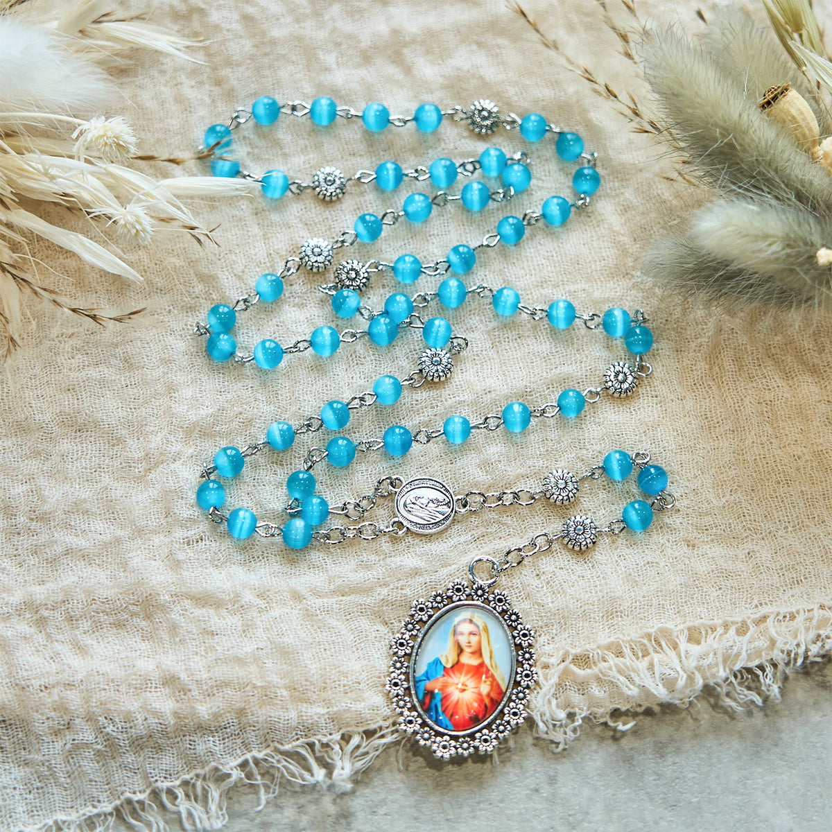 Immaculate Heart of Mary 6mm Glass Shiny Beads Lake Blue 7 Sorrows Rosary