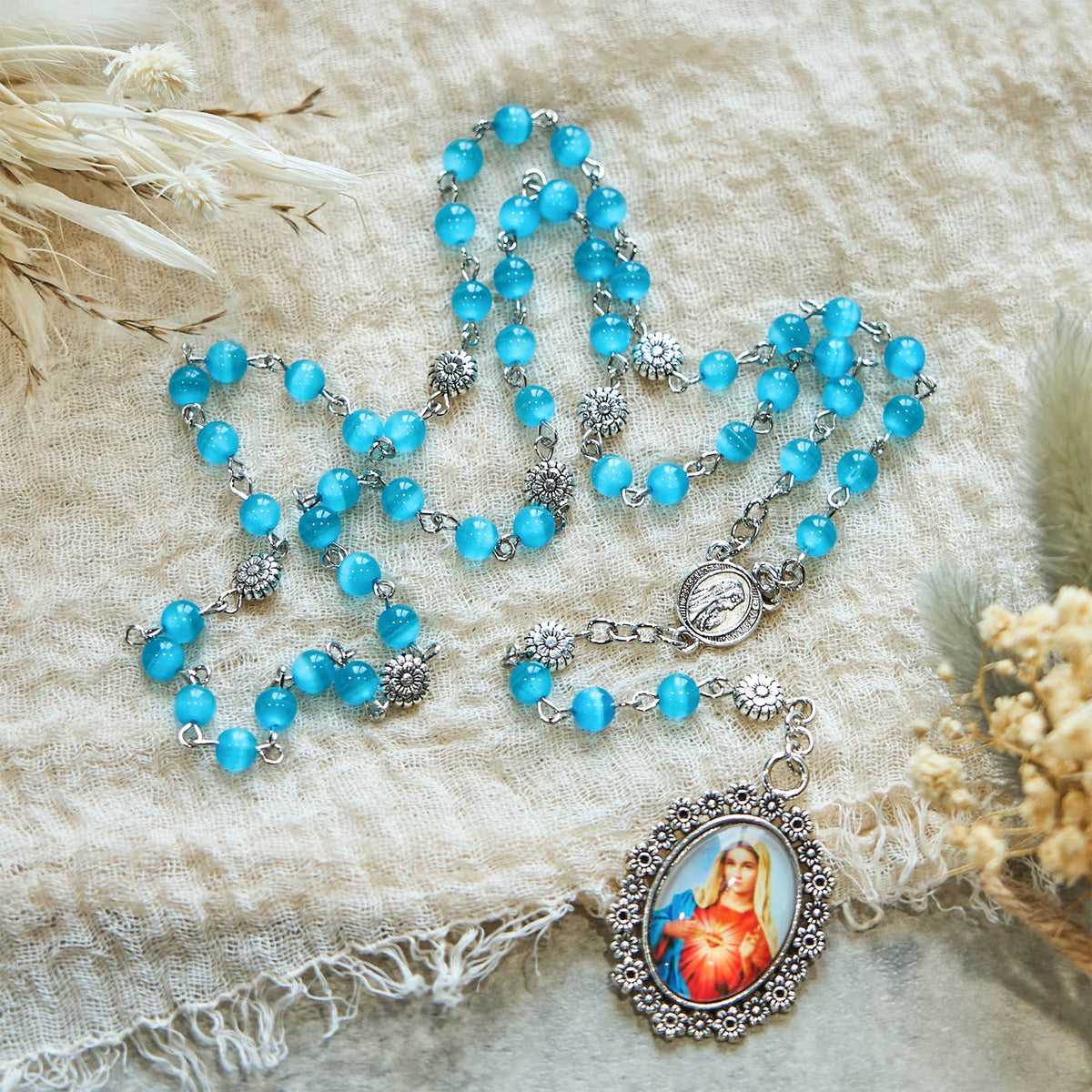 Immaculate Heart of Mary 6mm Glass Shiny Beads Lake Blue 7 Sorrows Rosary