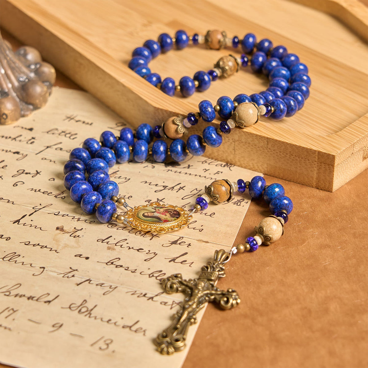 Handmade St. Therese of Lisieux Medal & Crucifix 8*10mm Oblate Lapis Lazuli & Map Stone Rosary