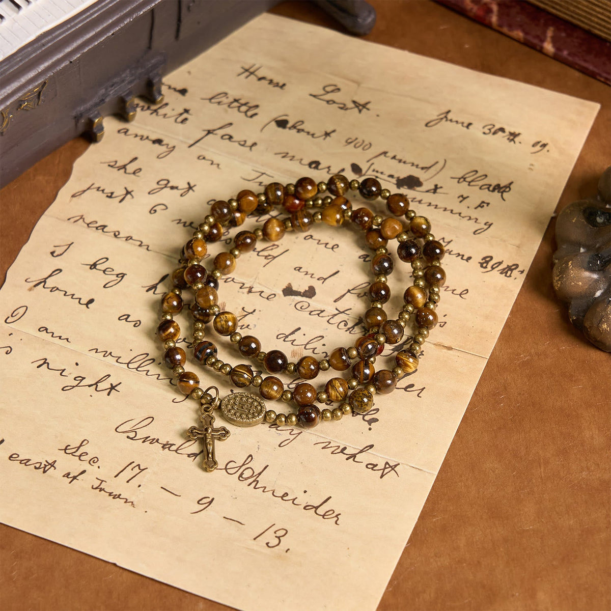 PRAYERFUL FAITH: Handmade Tiger's Eye Stone Elastic Rosary Bracelet