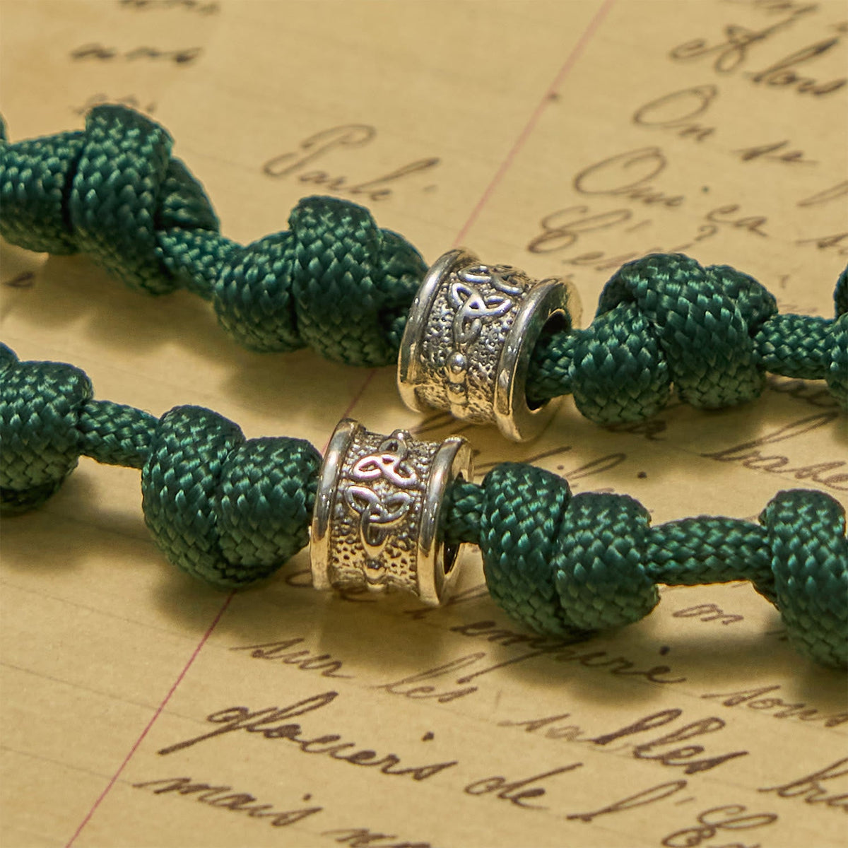 St. Patrick Medal Dark Green Celtic Style Cross Handmade Inspired Paracord Knotted Rosary