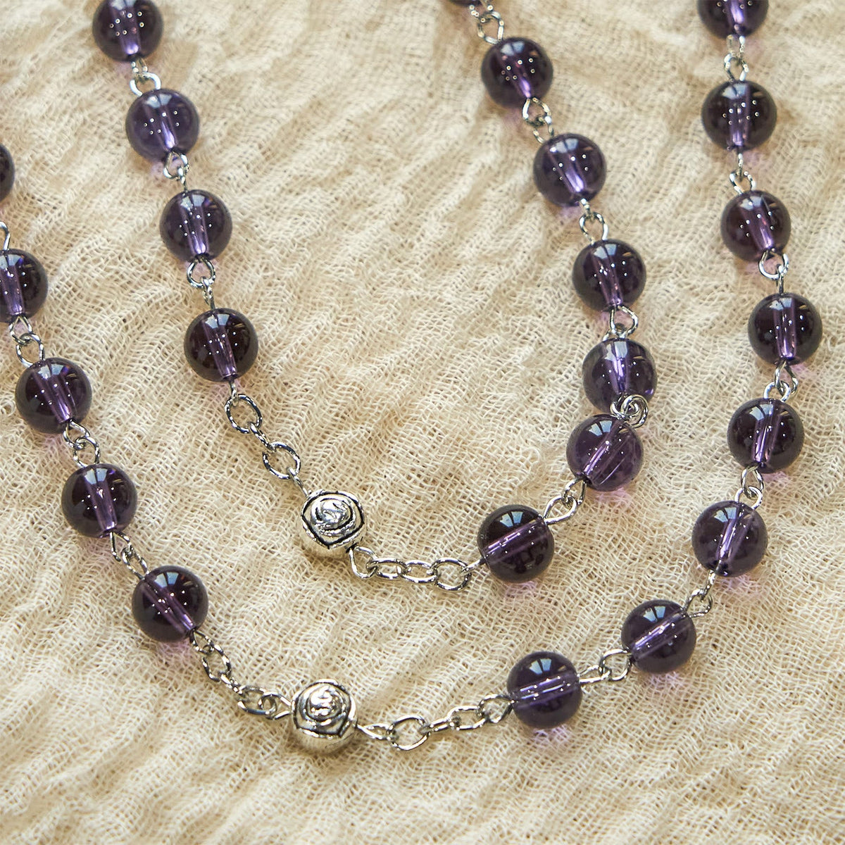 Clear Purple Glass Beads Devotion Rosary with Rose Our Father Beads