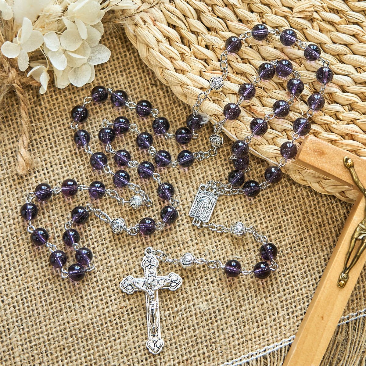 Clear Purple Glass Beads Devotion Rosary with Rose Our Father Beads