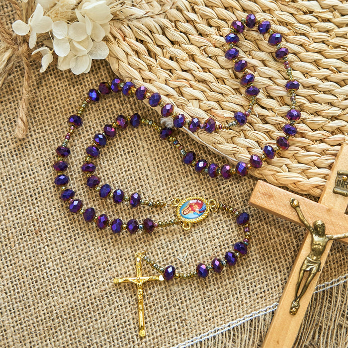 Our Lady Medal & Crucifix of 8mm Purple Glass & Crystal Beads Rosary