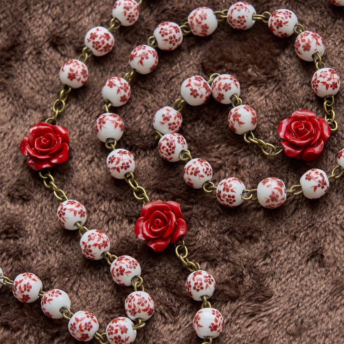 Miraculous Medal & Crucifix of 8mm Ceramic Beads & Rose Cinnabar Beads Handmade Rosary