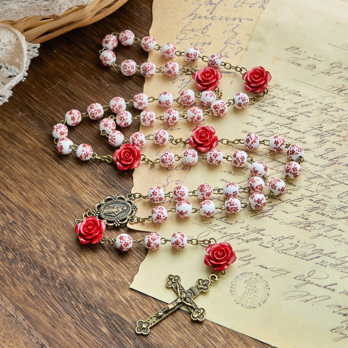 Miraculous Medal & Crucifix of 8mm Ceramic Beads & Rose Cinnabar Beads Handmade Rosary