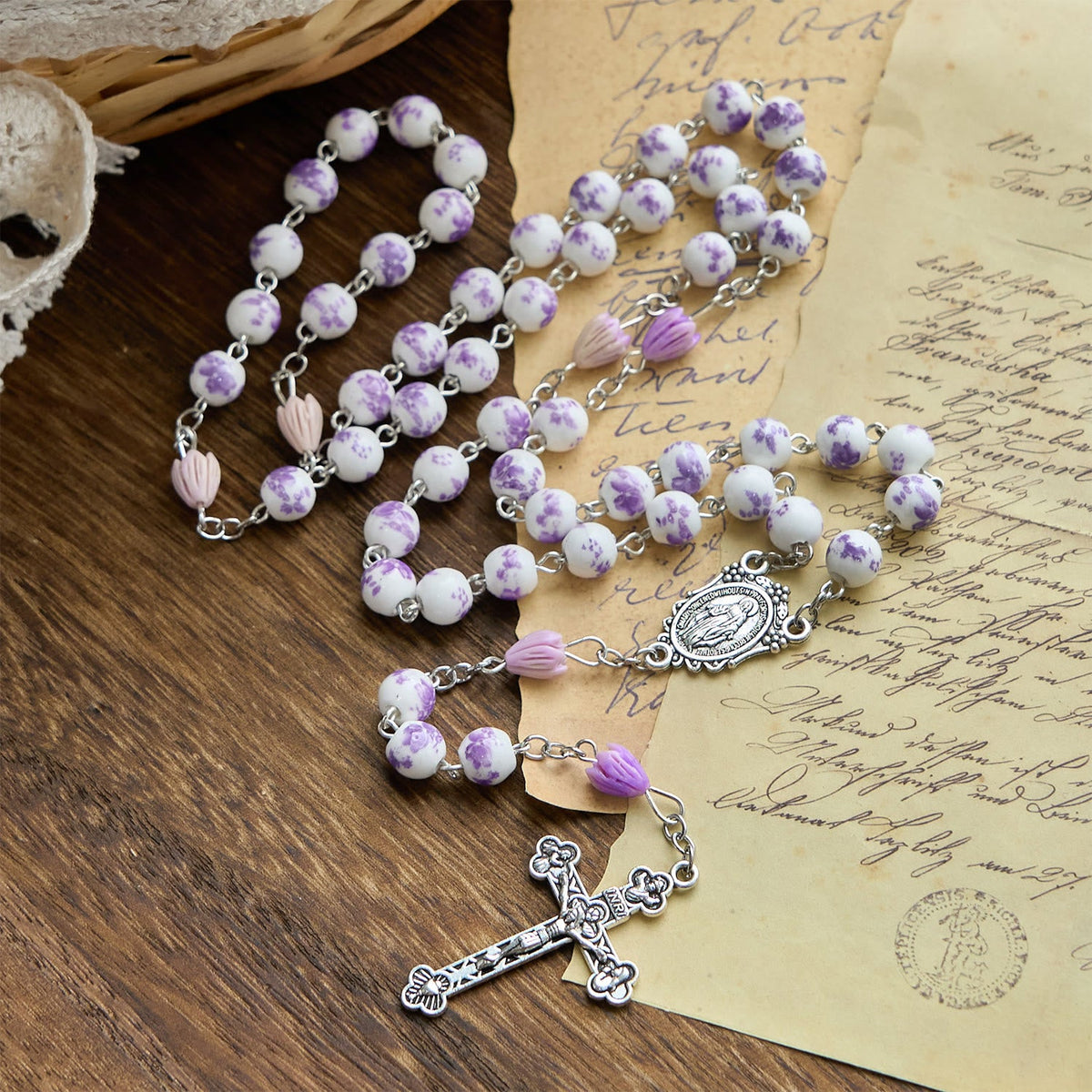 PRAYERFUL FAITH: Handmade Purple Flower Beads Rosary with Gift Card